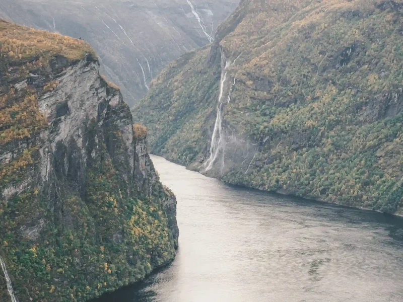 Geirangerfjord waterfalls from cruise ship perspective — Norway fjords cruise experience