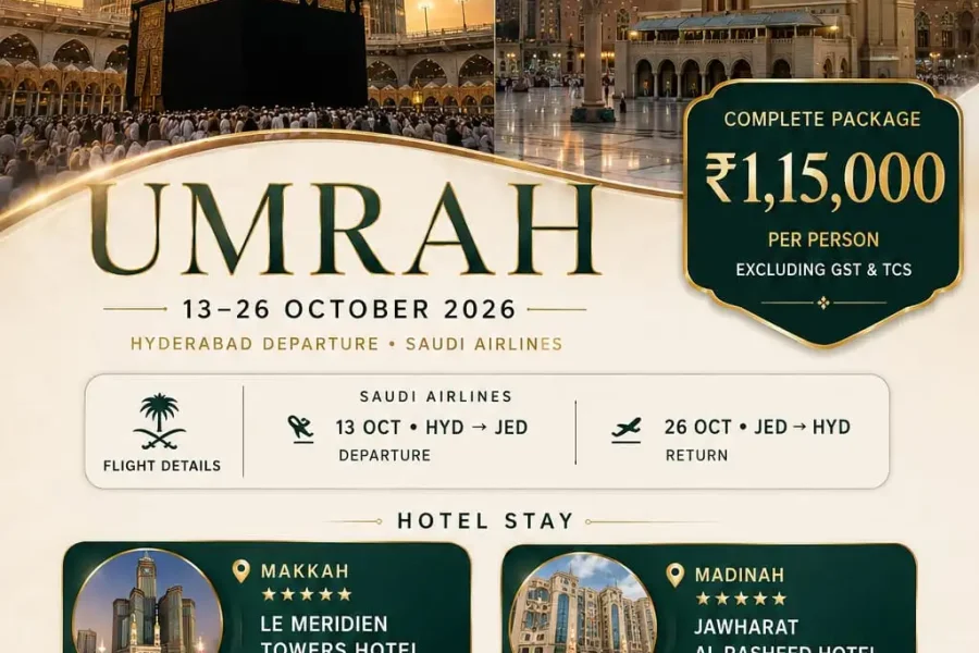 13 Octomber Premium Umrah Group Package 2026 from Hyderabad with IMAD Travel