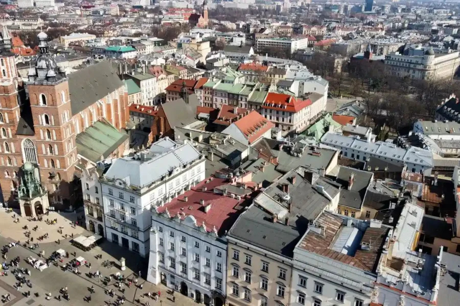 Aerial view of Krakows historic Old Town with St. Mary Basilica, Poland