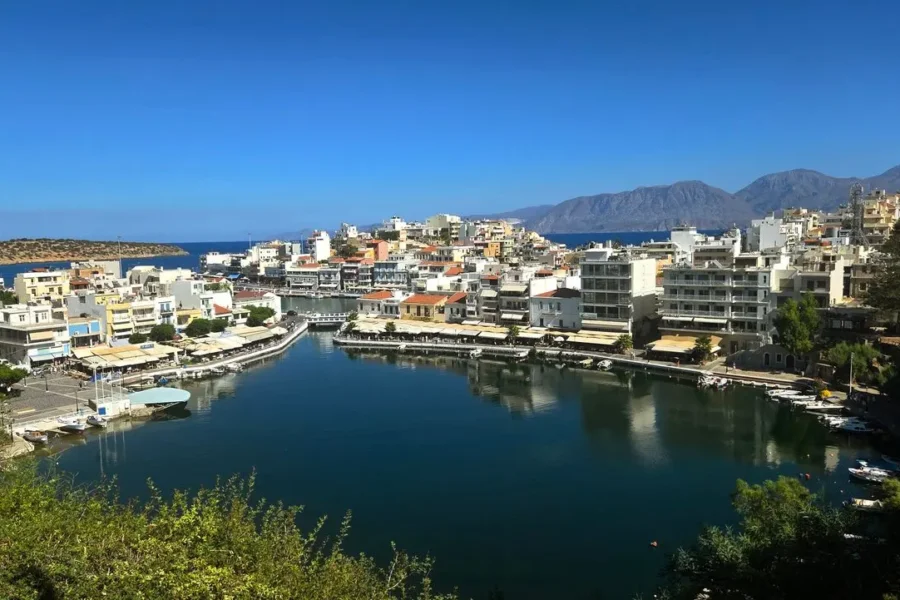 Beautiful panoramic view of Agios Nikolaos harbor in Crete, Greece